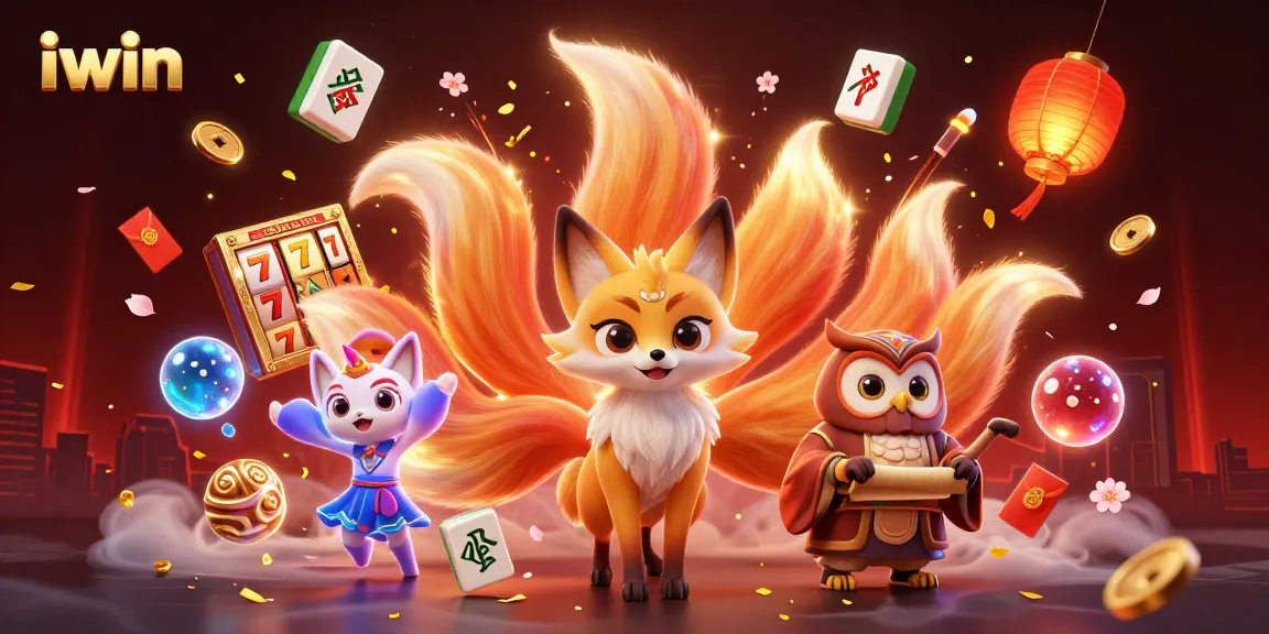 Experience iwin's vibrant slots magic with a nine-tailed fox and wise owl surrounded by colorful casino elements.