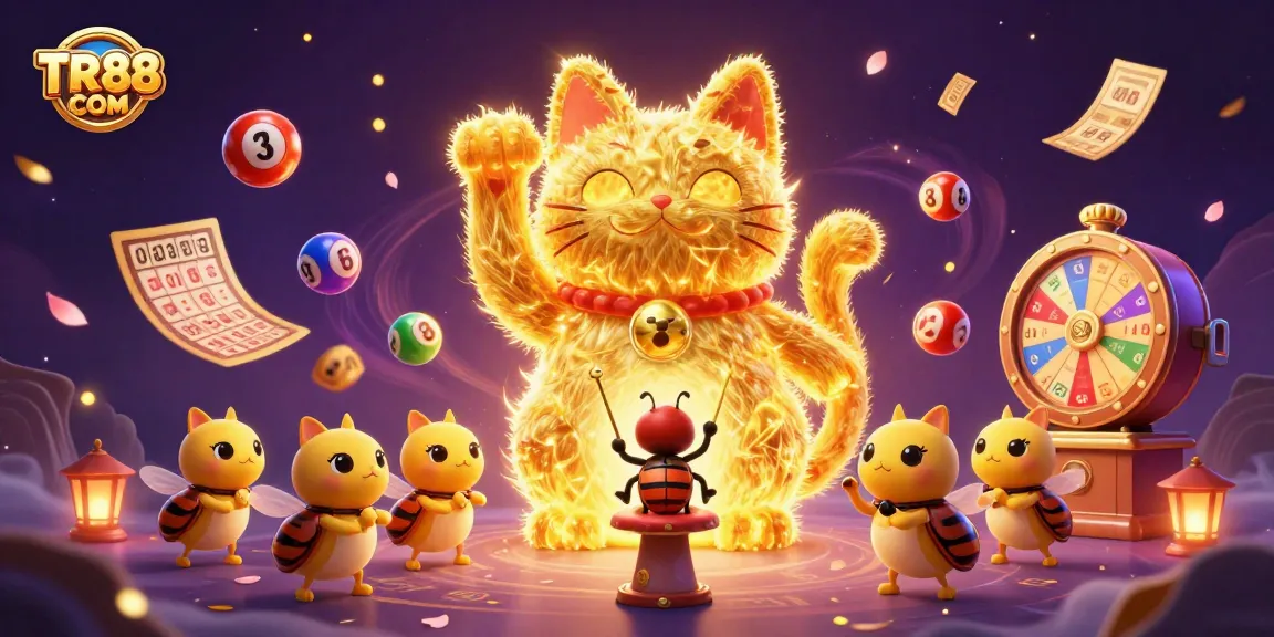 Engage with TR88 COM's vibrant casino experience featuring a dynamic lucky cat symbol.