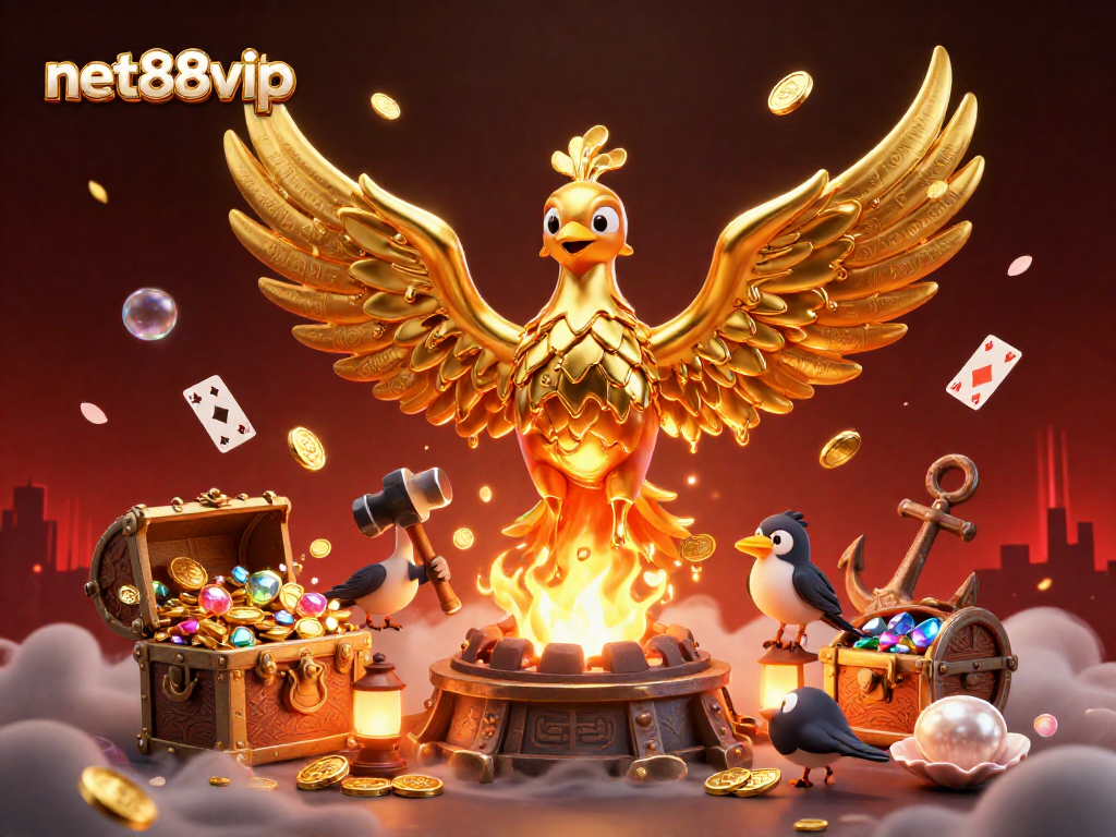 Play to win at net88vip with a vibrant 3D illustration of a molten gold phoenix and treasure!