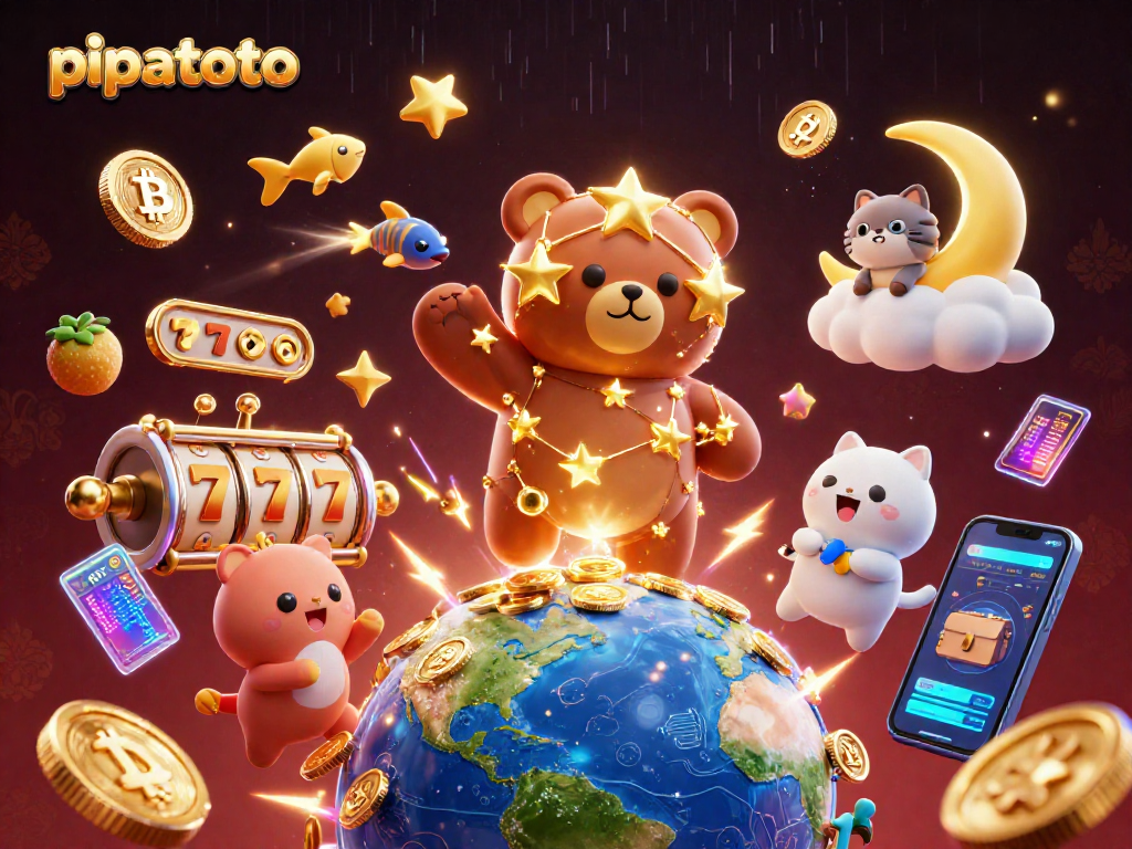 Win at pipatoto with a vibrant 3D scene showcasing colorful slot reels and crypto coins.
