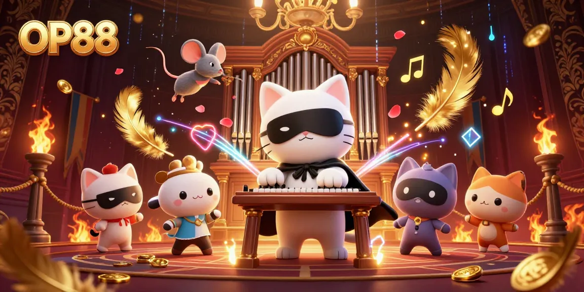 Engage with OP88's thrilling gaming experience through lively casino illustrations featuring a unique cat character.