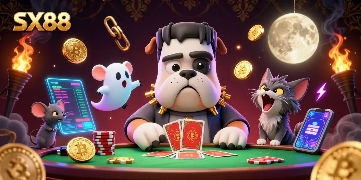SX88's online casino experience features a monstrous dealer and ghostly friends in a dynamic gaming scene.
