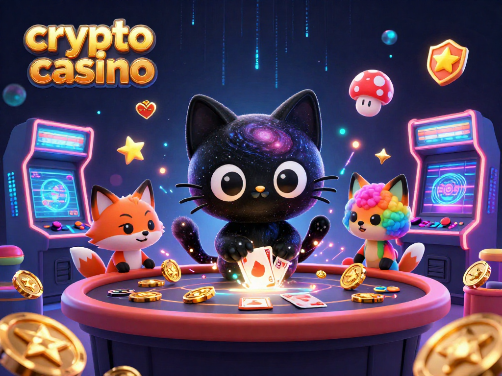 Jouez au crypto casino avec une illustration dynamique d'un chat noir trou noir, des pièces dorées et des jeux lumineux.