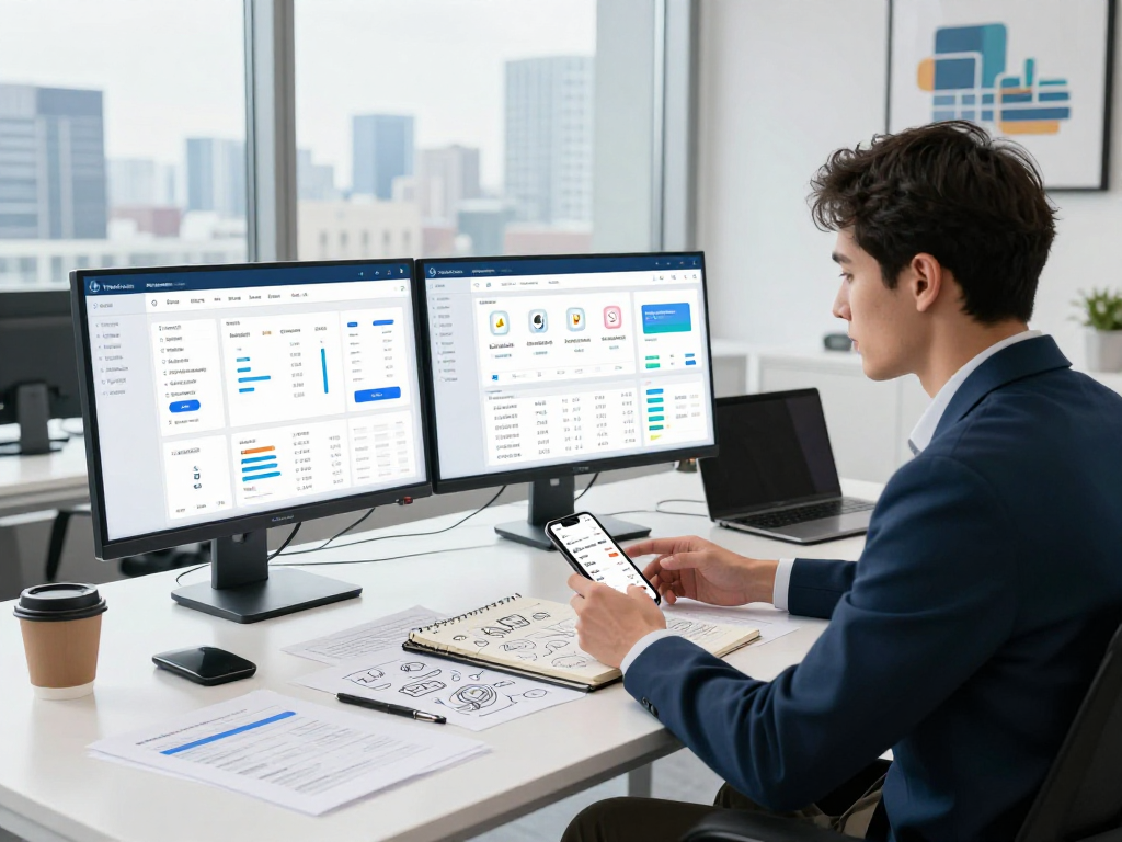 Buy app installs analysis in a modern office, showcasing ranking strategies and app performance metrics.
