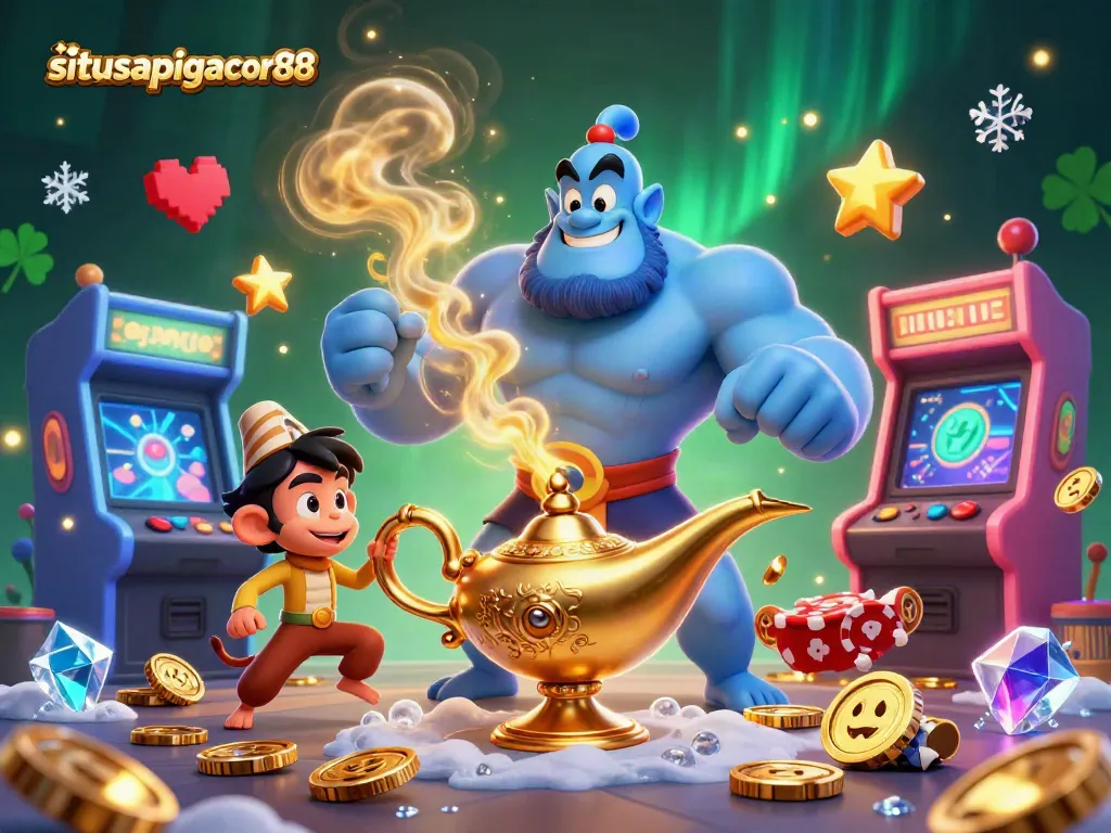 Engage with situsapigacor88 in this dynamic casino scene featuring a genie and a magic carpet amidst vibrant gaming elements.