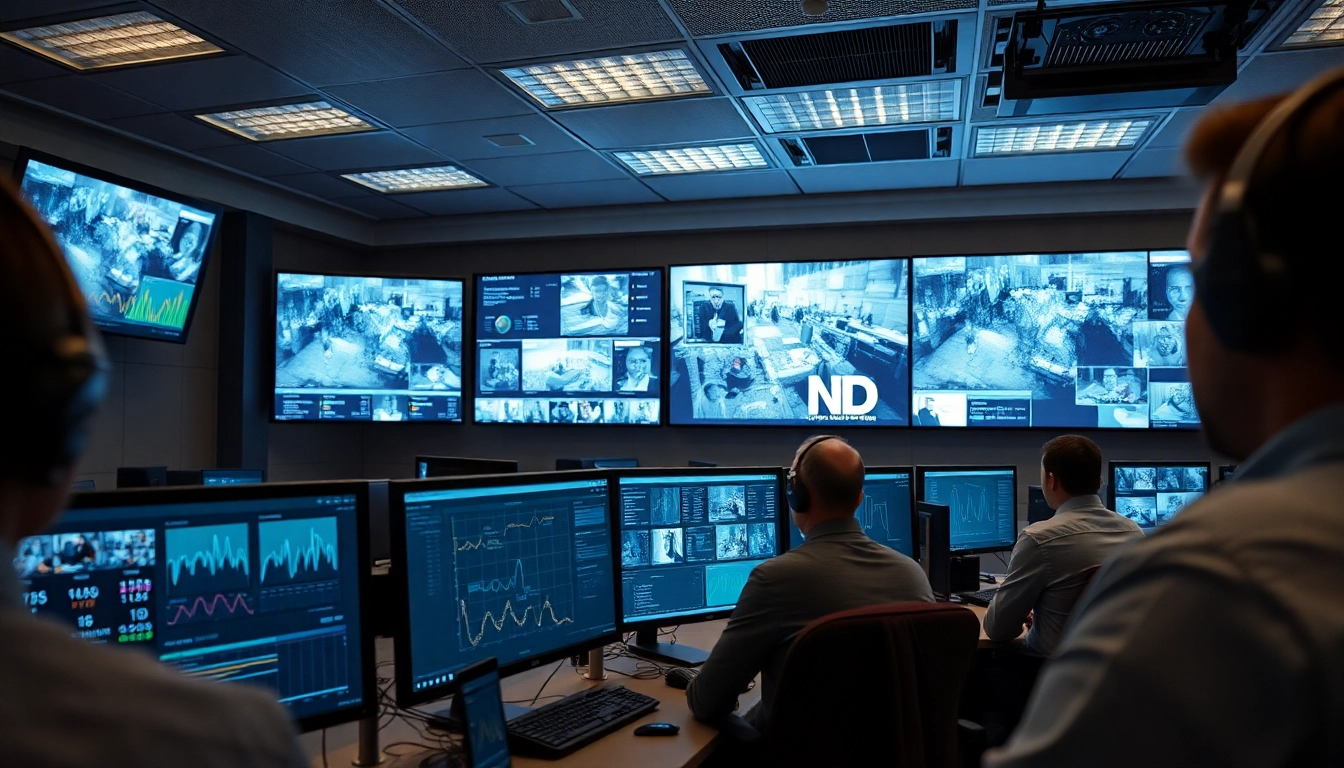 Displaying real-time video surveillance analytics on multiple screens in a high-tech room.