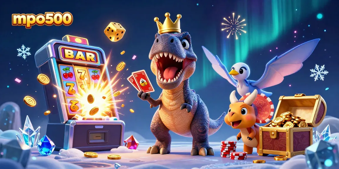Experience mpo500 with a playful T-Rex and friends in a vibrant, casino-themed adventure.