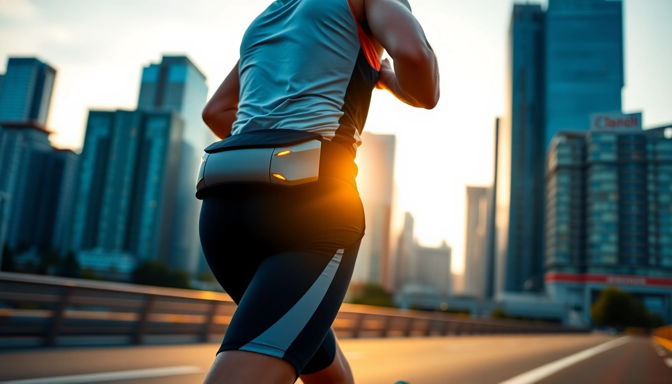 Runner engaging with a running belt UK during a morning workout in a city setting.