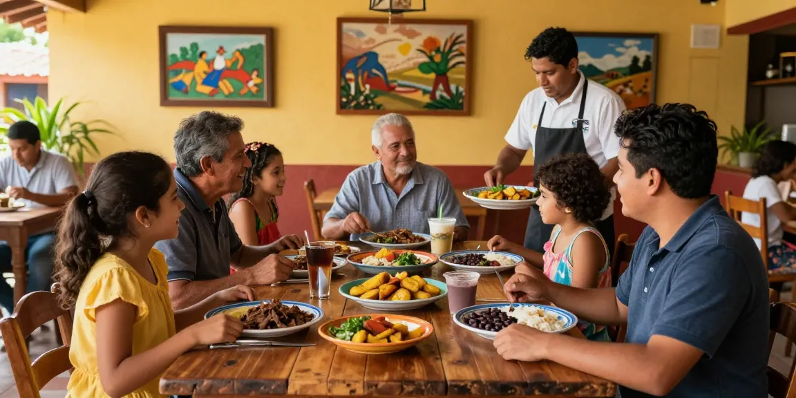 Enjoying the best pabellon criollo near me in a vibrant restaurant with family, showcasing traditional Venezuelan cuisine.