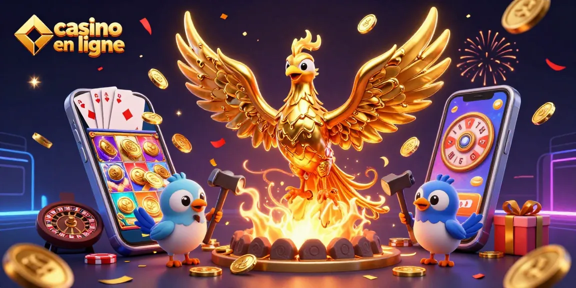 Profitez de l'énergie du casino en ligne avec un phœnix doré et des jeux animés.