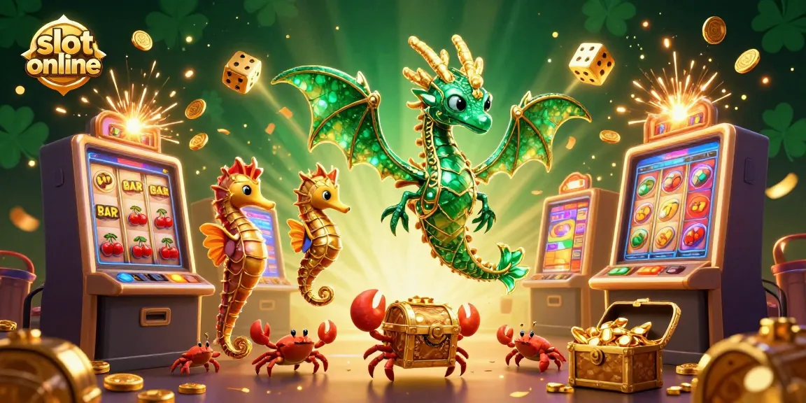 Spin to win with slot online as a sea dragon and treasure chest illuminate a vibrant casino scene.