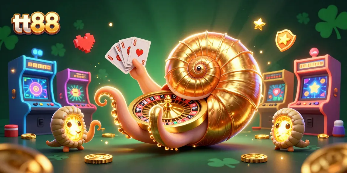 Experience thrilling gaming adventures at tt88 with a vibrant 3D casino illustration featuring a nautilus and glowing ammonite companions.
