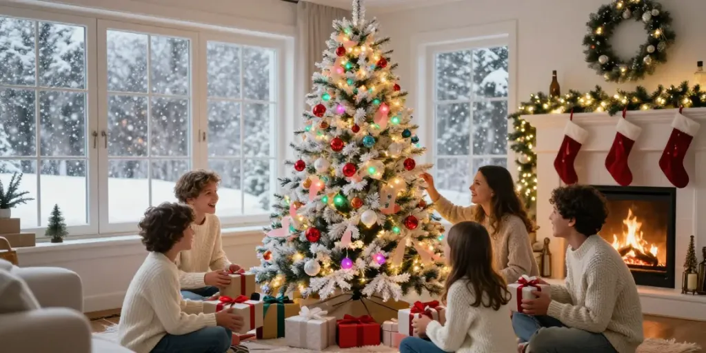 Joyful family gathering around a white colorful Christmas tree decorated with lights and ornaments.