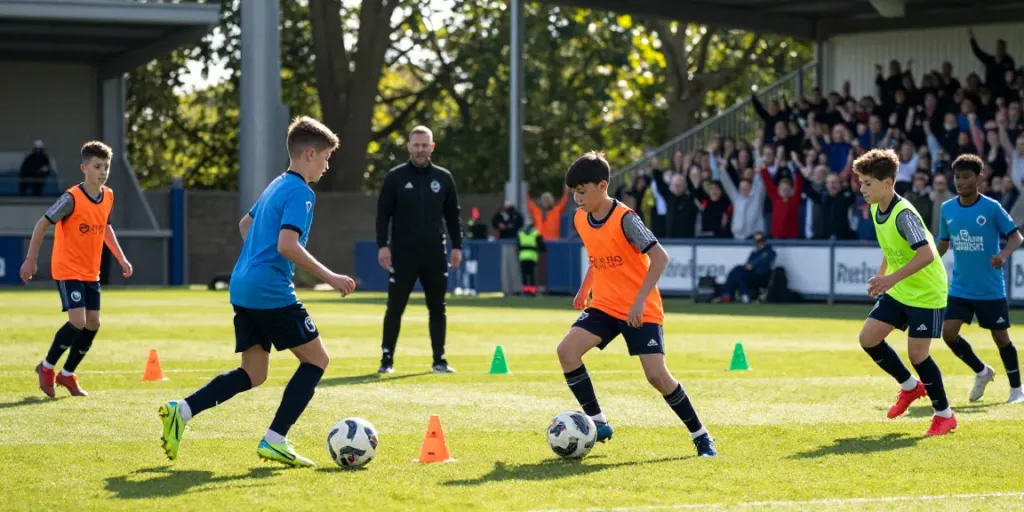 Premier League wonderkids training on the pitch, showcasing teamwork and skill development.