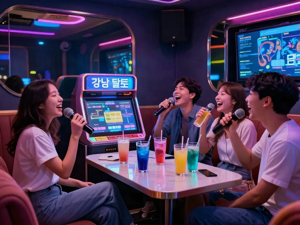 강남 달토에서 즐겁게 노래하는 손님과 화려한 실내 조명