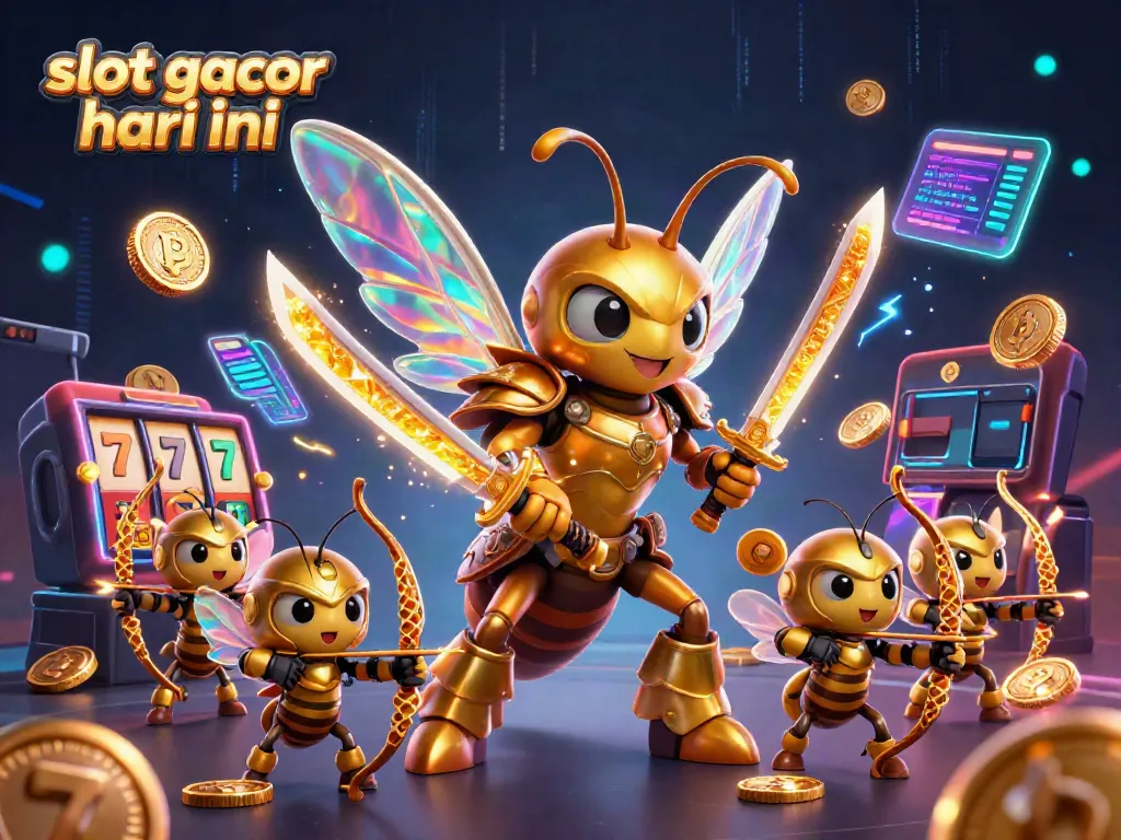 Experience slot gacor hari ini with a vibrant, dynamic casino scene featuring a golden hornet samurai and bee archers.