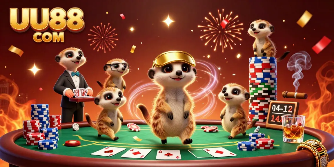 Experience the luck of UU88 COM with this colorful 3D meerkat casino scene, showcasing poker excitement.
