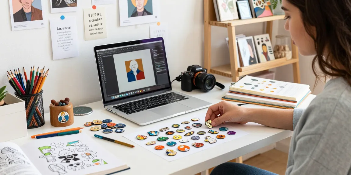 Custom pins artistically displayed on a workspace table, showcasing vibrant designs and creativity.