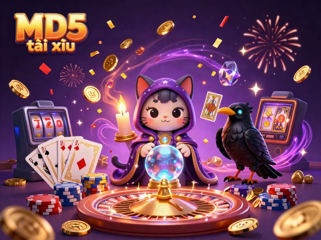 Engage with MD5 tài xỉu in a dynamic casino scene featuring a mystic cat and a raven, surrounded by vibrant game elements.