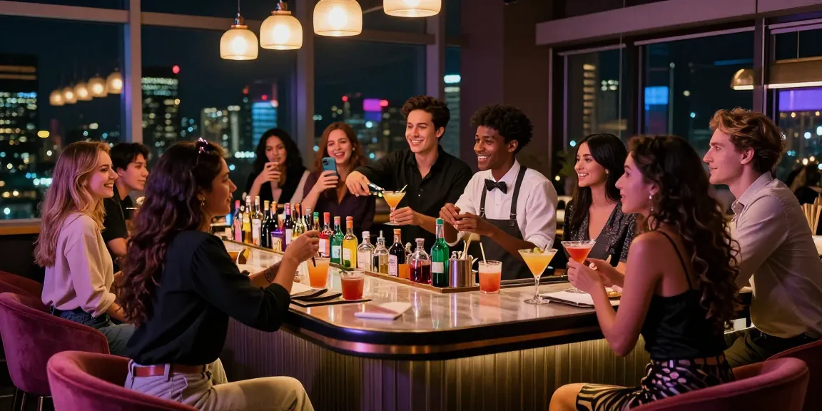 Vibrant scene at a 유흥사이트 where friends enjoy cocktails and laughter in a lively atmosphere.