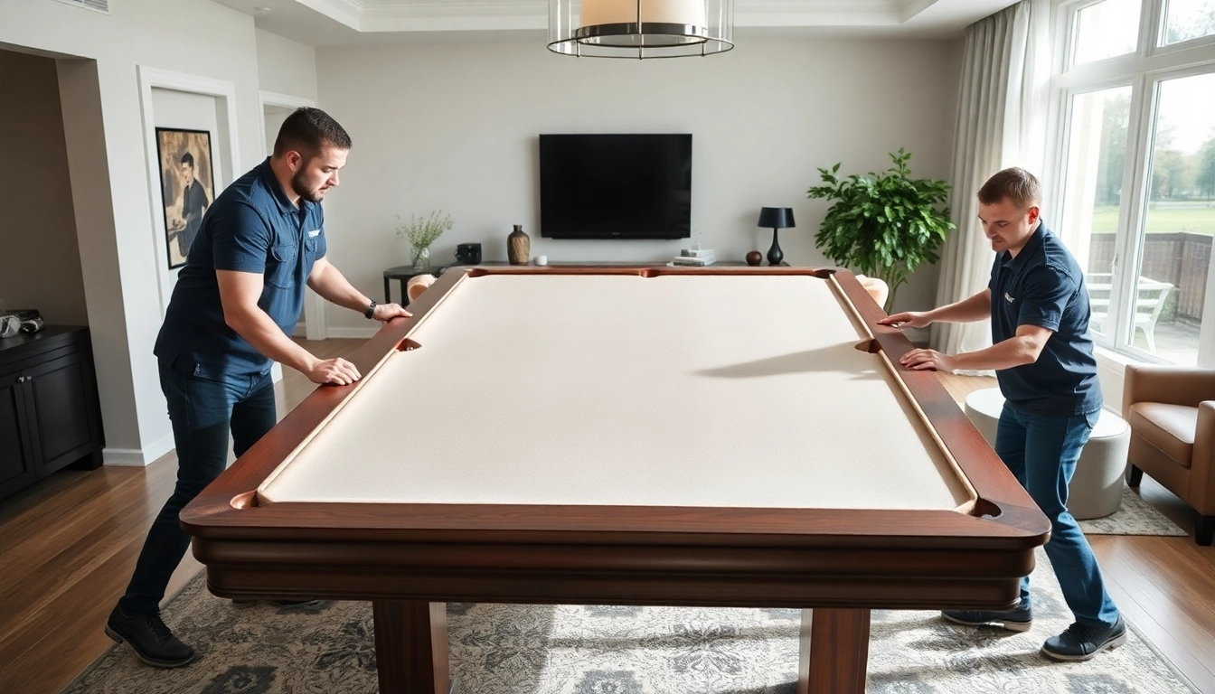 Skilled pool table movers dallas safely relocating a slate table in a home setting.