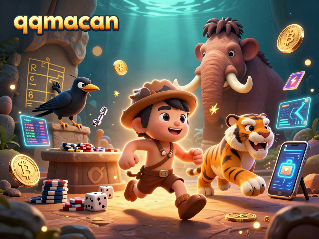 Engage with qqmacan's vibrant prehistoric casino featuring dynamic characters and glowing crypto elements.