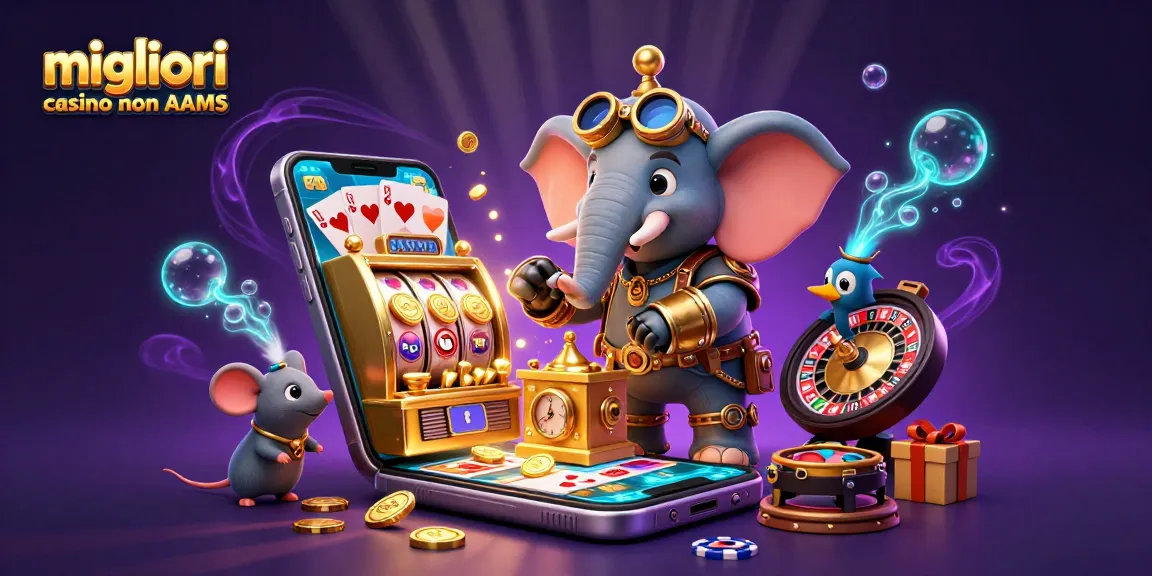 Scopri i migliori casino non AAMS con questa vivace illustrazione 3D di slot machine e personaggi fantastici.