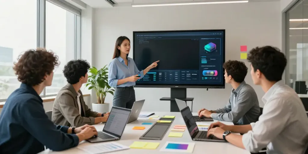 Team collaborating on AI generated product launch copy in a modern workspace