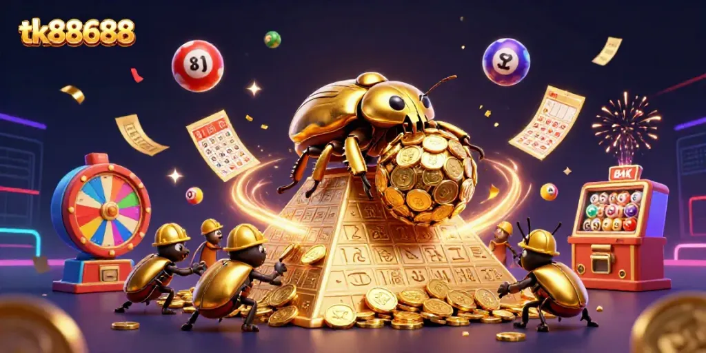 Engaging creative scene of tk88688 with beetles rolling golden coins, lottery balls, and vibrant casino elements.