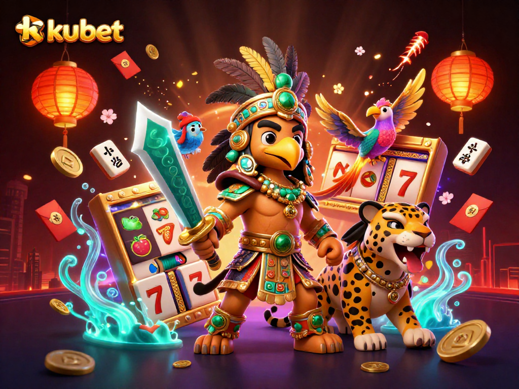 Engage with kubet gaming in a vibrant 3D illustration featuring Aztec warriors and colorful casino elements.