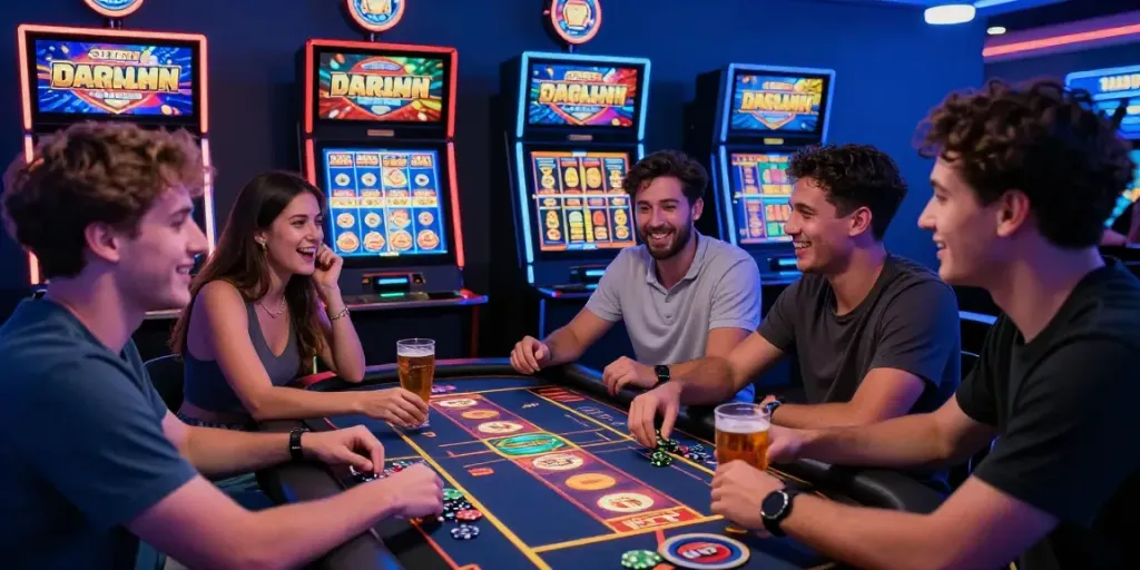 Group enjoying slot gacor games at a vibrant casino night.
