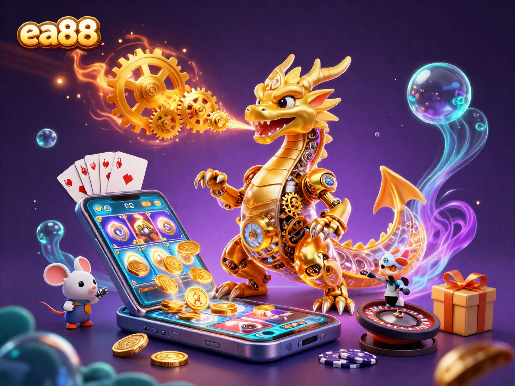 Experience the thrilling ea88 gaming world with a golden dragon and enchanting casino elements.