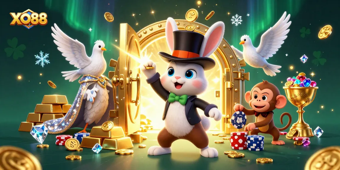 Experience excitement at XO88 with a vibrant scene of a magician, dove, and monkey amid casino treasures.