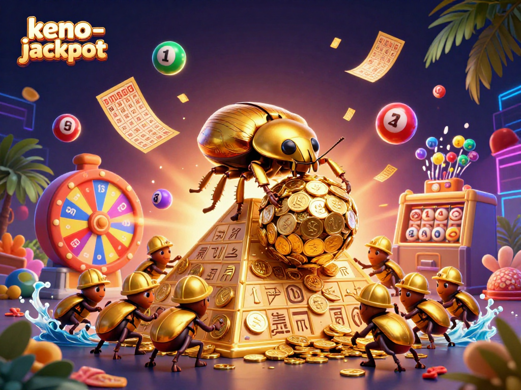 Engage in thrilling keno-jackpot, where golden beetles roll coins amidst vibrant numbers and dynamic prizes.