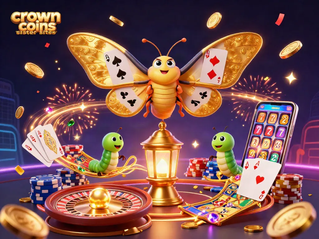 Explore crown coins sister sites with vibrant 3D casino elements featuring golden coins and spinning reels.