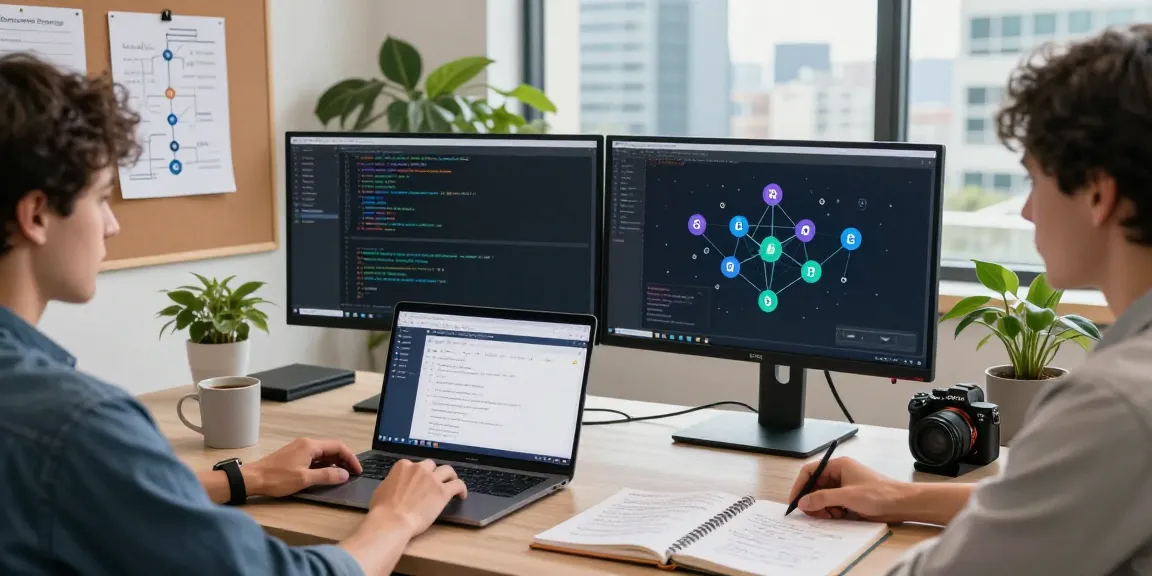 Bungeeexchange workspace showcasing a developer navigating cross-chain transactions with multiple monitors and blockchain visuals.