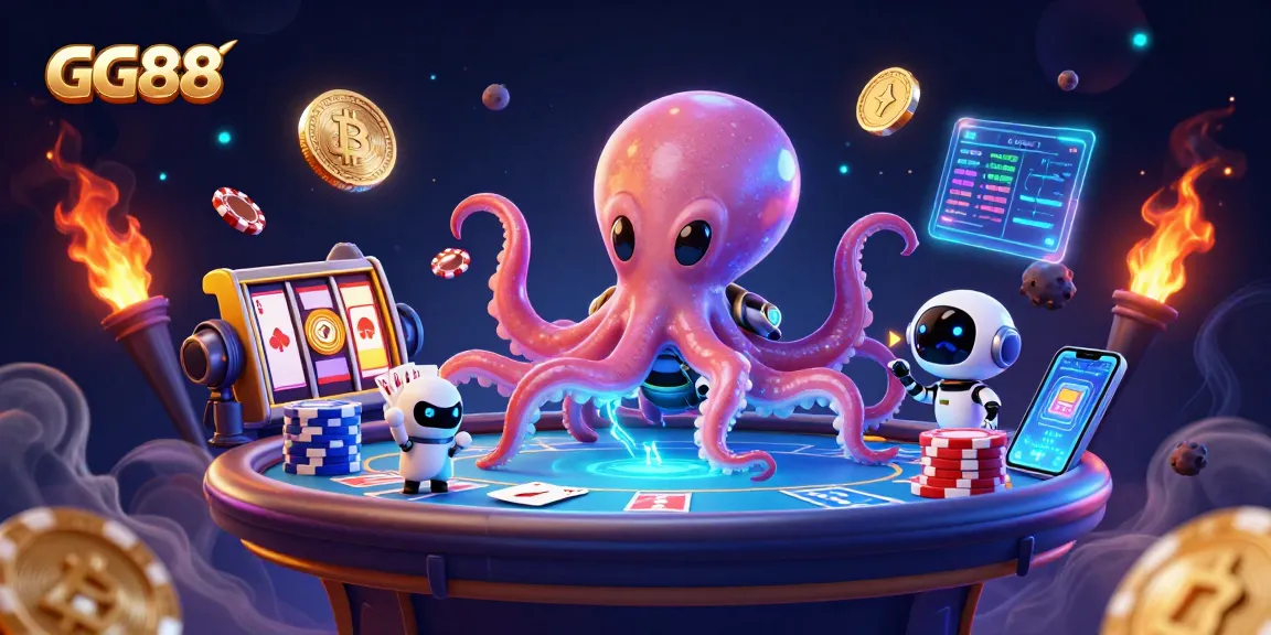 Engage in thrilling gameplay with GG88 at a colorful alien poker table amid Bitcoin coins and vibrant slots.