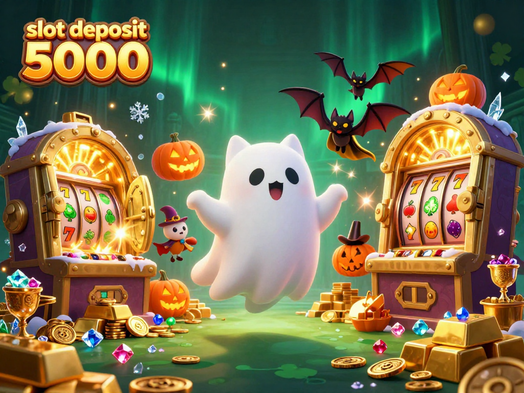 Experience the excitement with the slot deposit 5000 at this haunted casino, where a ghost cat and vampire bat enjoy jackpot fun!