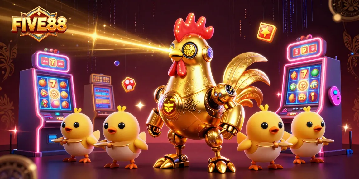 FIVE88 casino-themed illustration featuring a golden rooster robot engaging in a vibrant gaming environment.