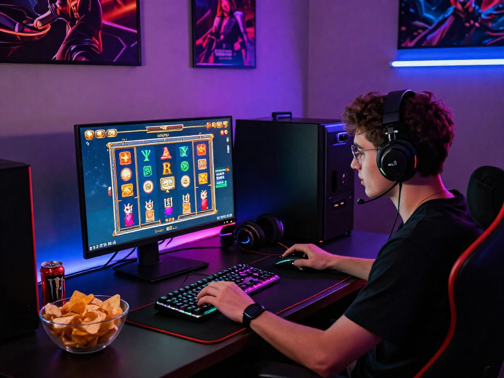 Pengalaman bermain situs slot yang menarik dengan gamer fokus di depan layar komputer, aksesori permainan di sekitar, dan suasana pencahayaan neon.