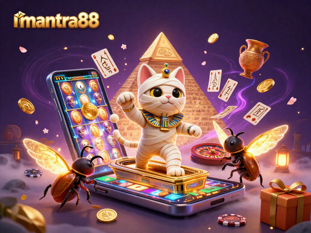 Engage with mantra88 by spinning colorful slot reels amid vibrant casino icons and characters.