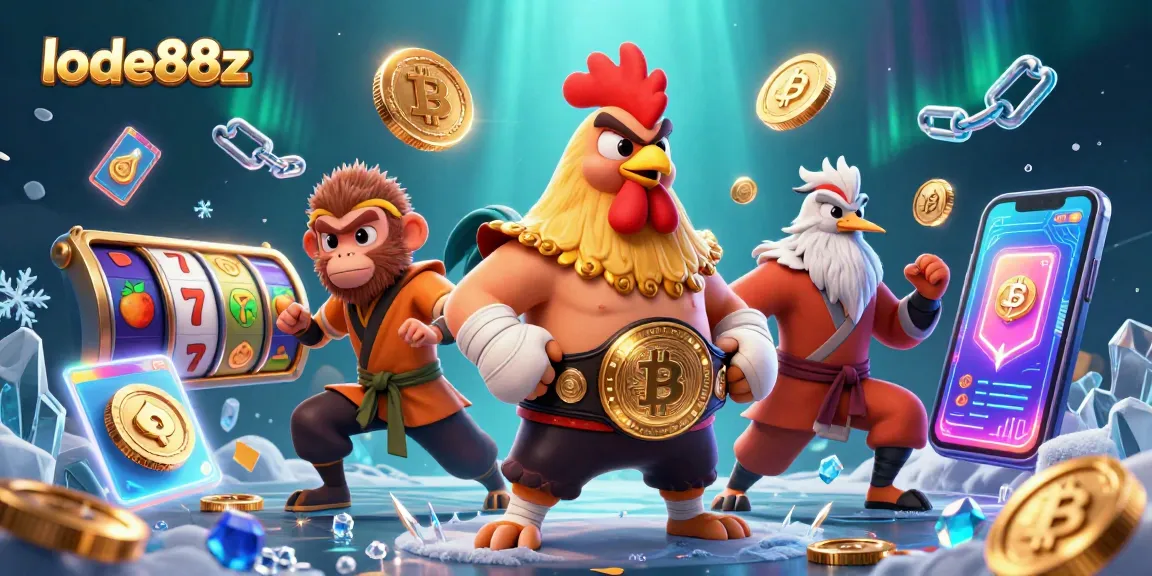 Play iconic lode88z slots with a fierce rooster, monkey, and crane against a dynamic casino backdrop
