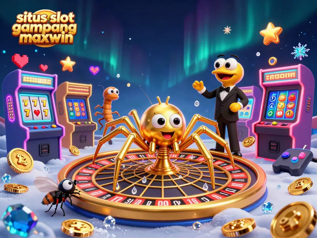 Experience situs slot gampang maxwin with a vibrant 3D casino scene showcasing a golden spider spinning a roulette web.