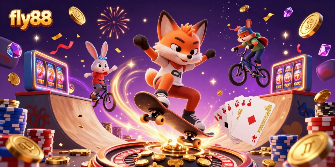 Experience the thrills of fly88 with a vibrant 3D illustration showcasing lively gaming elements and characters.