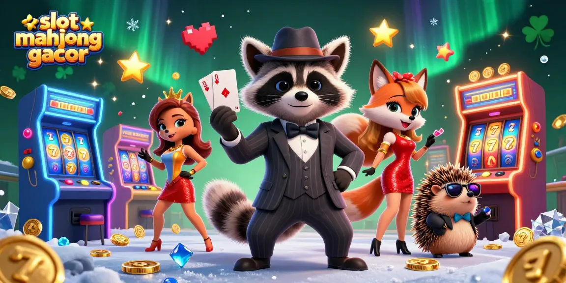 Play slot mahjong gacor with charming raccoon and fox characters in a vibrant casino scene