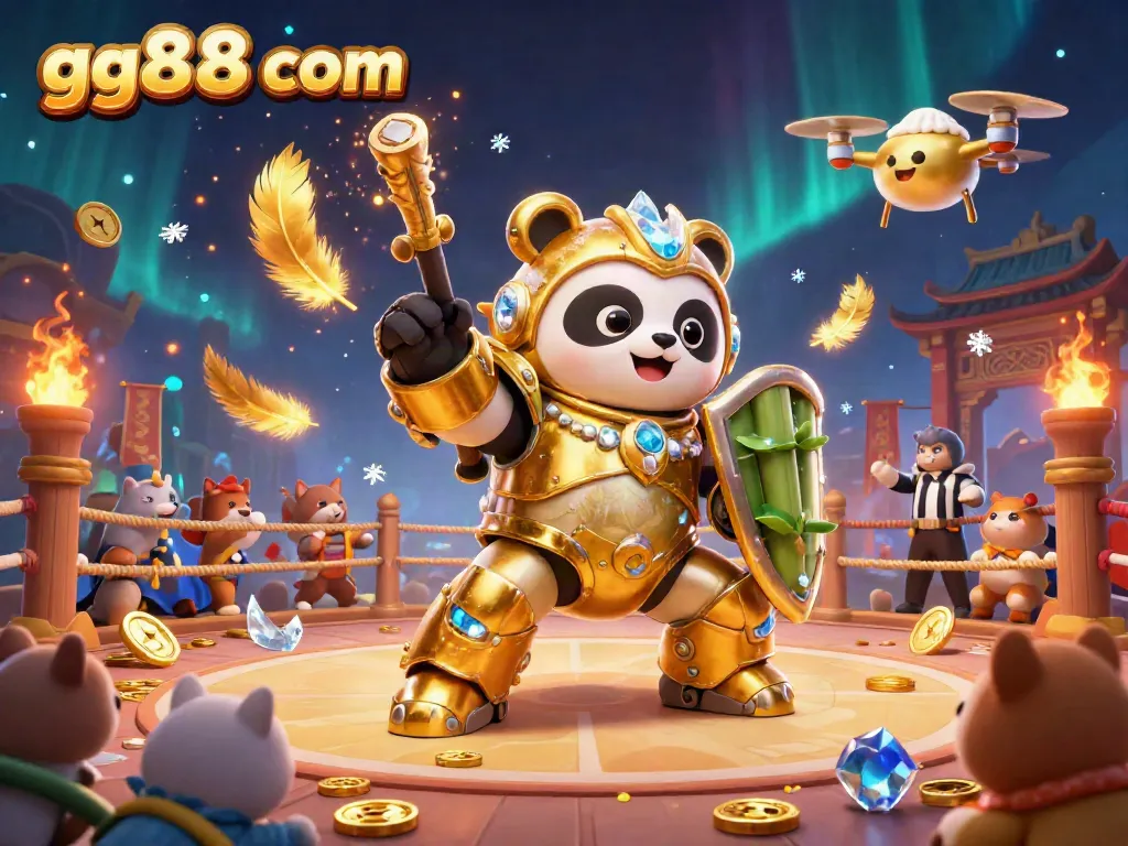 Experience thrilling action at gg88 com with a vibrant 3D illustration of a golden panda piloting a bamboo robot in a dynamic gambling arena.