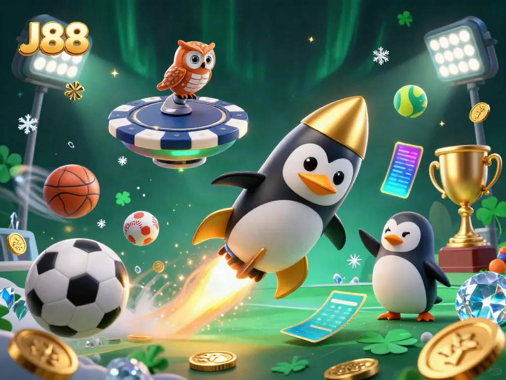 Experience the thrill of J88 with a penguin and owl amidst a vibrant casino-themed space scene.