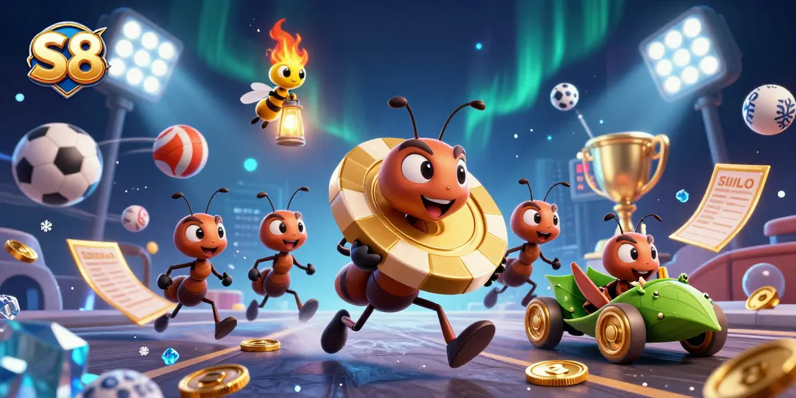 Join the adventure with S8 as ants carry a giant poker chip in a bustling casino scene.