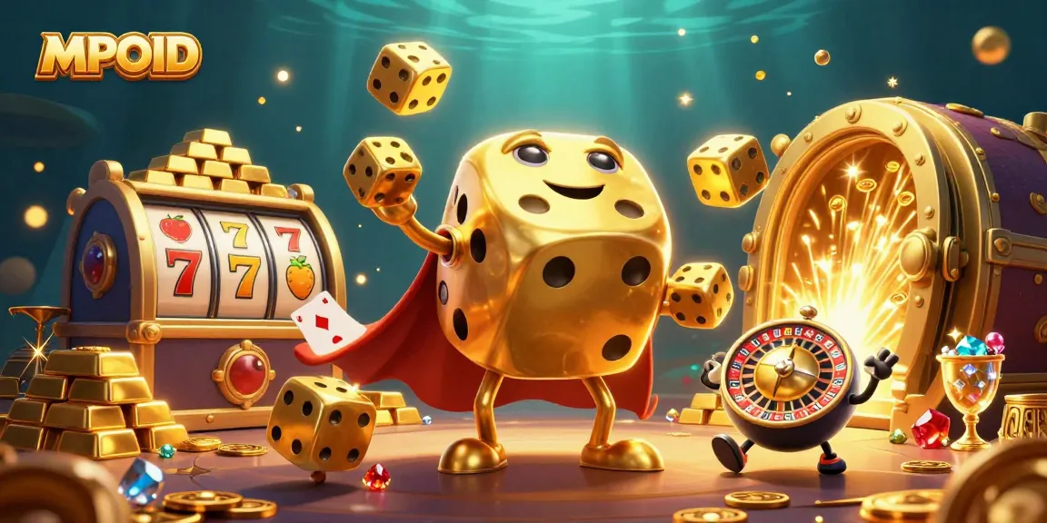 MPOID showcases a dynamic casino scene with golden dice, stacked riches, and vibrant gaming action.