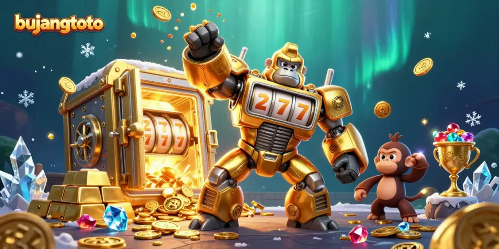 Engage with bujangtoto's exhilarating slots through a dynamic, colorful 3D scene featuring favorite game symbols and treasures.